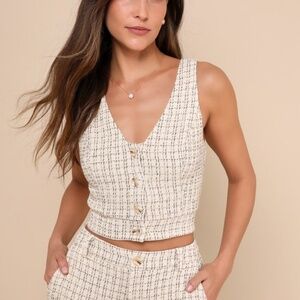 Lulus Posh Perception Ivory And Black Plaid Tweed Cropped Top White